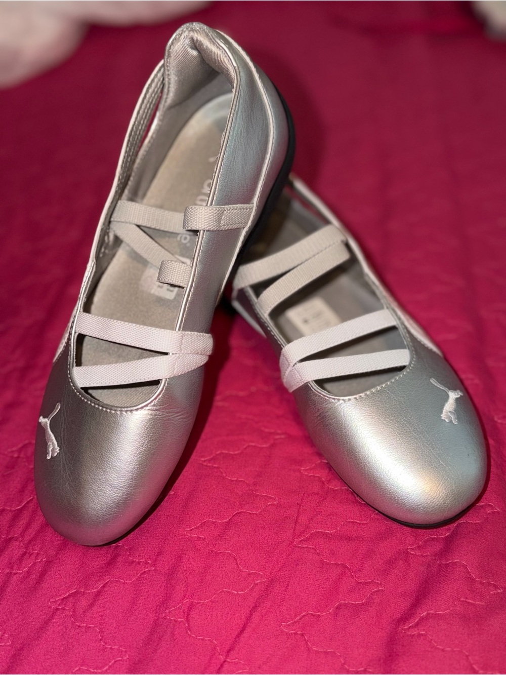 PUMA Silver Metallic Ballet Flats with Elastic Straps